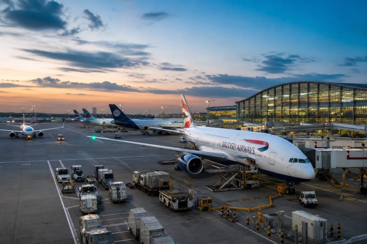 Flugzeuge verschiedener Airlines am Gate auf London Heathrow, Terminal-Gebäude im Hintergrund