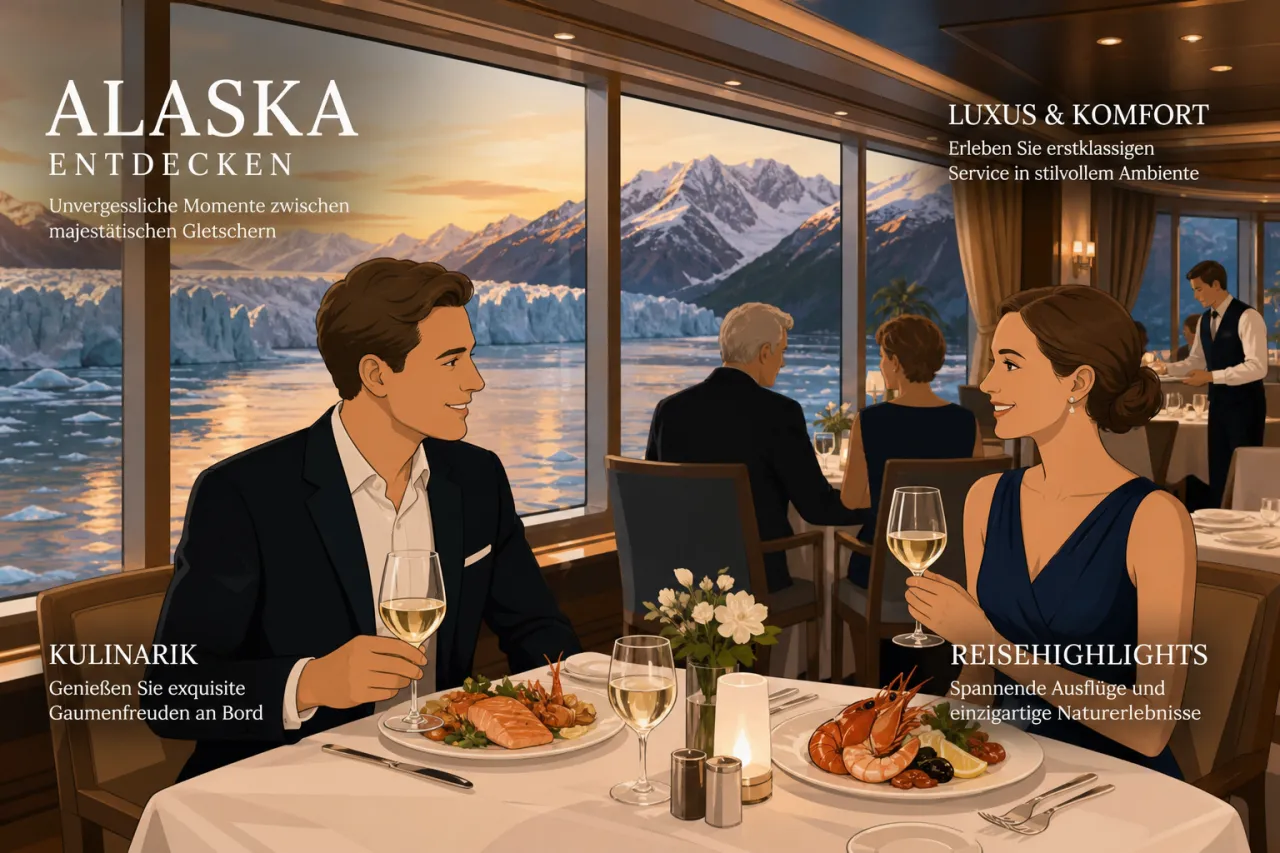 Luxuriöses Dinner an Bord der Seabourn Encore mit Meeresfrüchten und Alaskaküste im Hintergrund