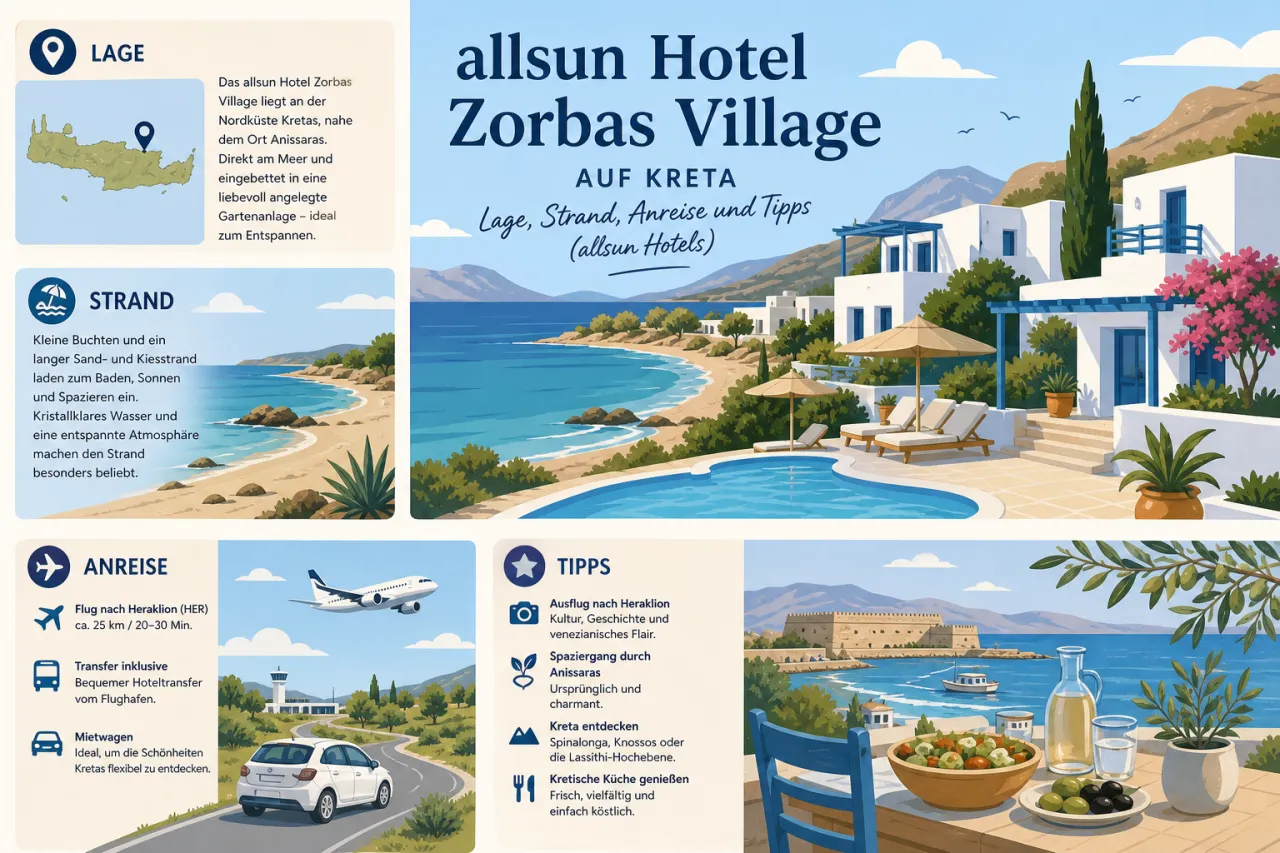 allsun Hotel Zorbas Village auf Kreta: Lage, Strand, Anreise und Tipps