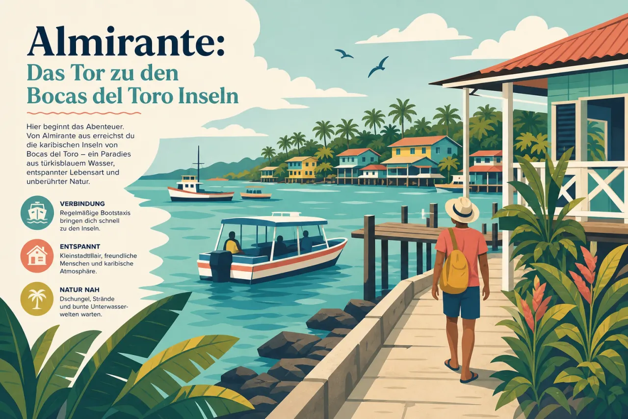 Illustration: Mann mit Rucksack und Hut auf Holzsteg, blickt auf tropische Hafenstadt mit bunten Häusern, Fischerbooten und Palmen an türkisblauem Wasser