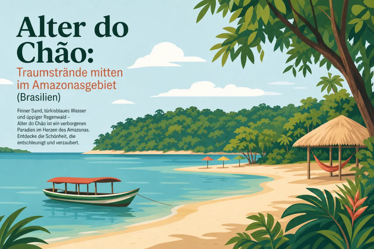 Illustration: Idyllischer Strand mit hellem Sand, türkisblauem Wasser, traditionellem Boot, Sonnenschirmen, Hängematten und dichtem grünem Regenwald im Hintergrund unter blauem Himmel