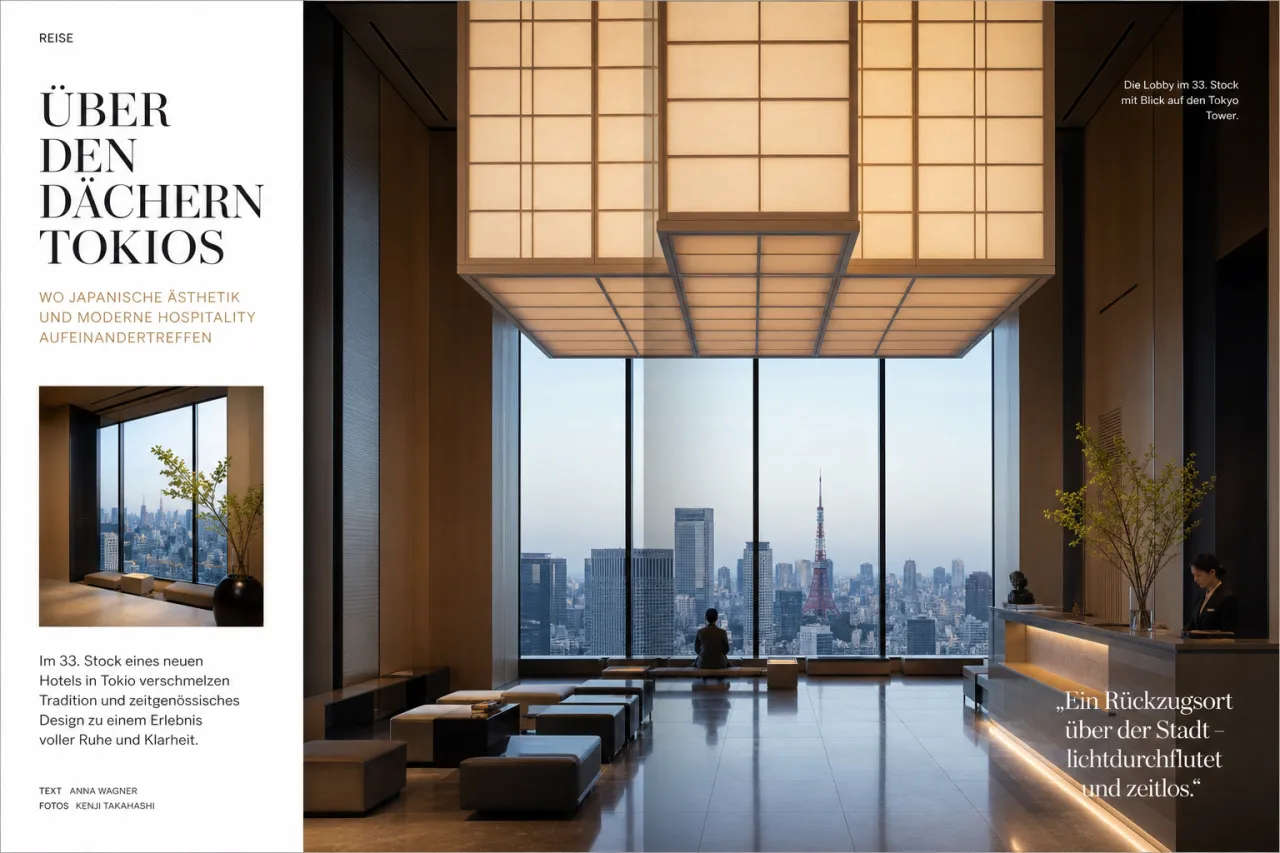 Aman Tokyo Lobby im 33. Stock mit 30 Meter hoher Washi-Papier-Decke und Shoji-Holzrahmen