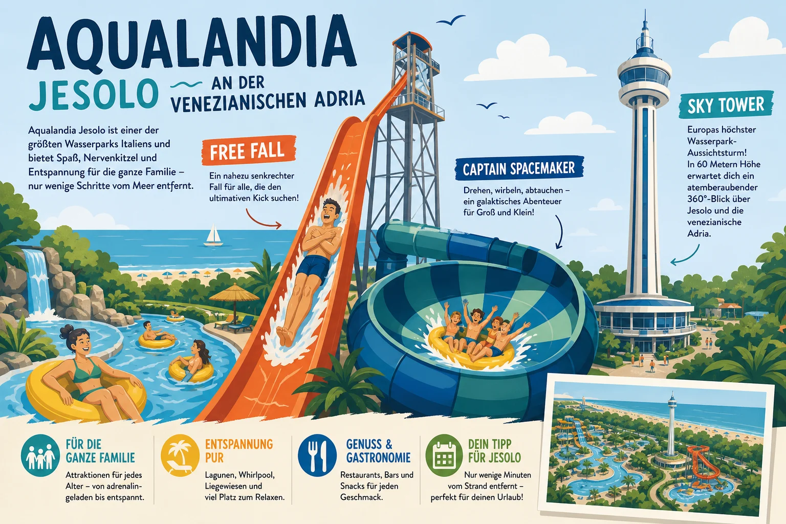 Aqualandia Jesolo an der venezianischen Adria: einer der größten Wasserparks Italiens mit Free Fall, Captain Spacemaker und Europas höchstem Wasserpark-Aussichtsturm Sky Tower