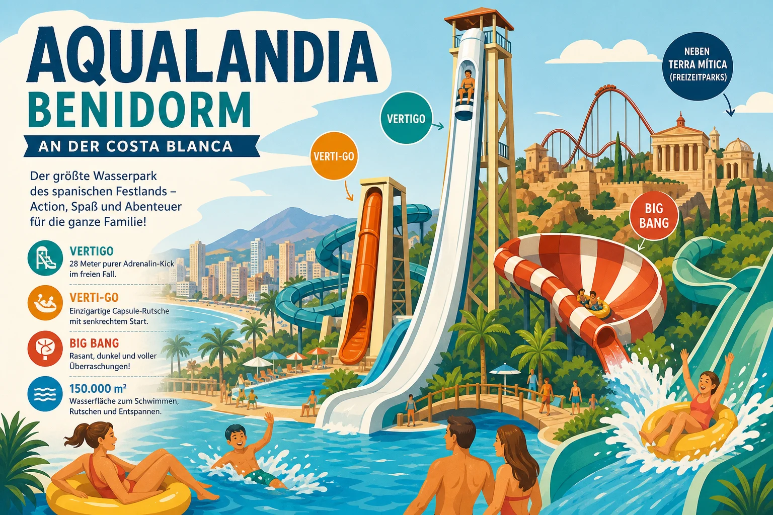 Aqualandia Benidorm an der Costa Blanca: der größte Wasserpark des spanischen Festlands mit Vertigo, Verti-Go, Big Bang und 150.000 Quadratmetern Wasserfläche neben Terra Mítica