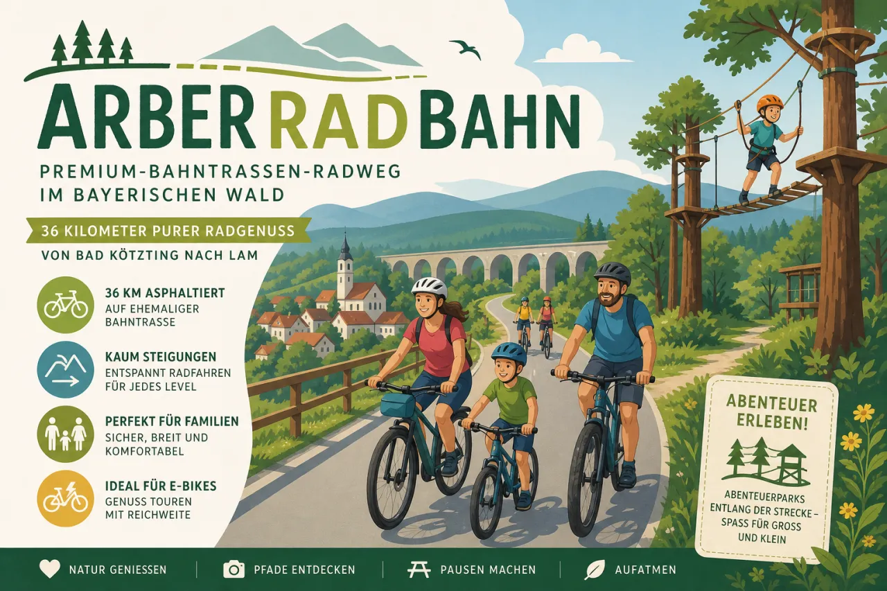ArberRadBahn — Premium-Bahntrassen-Radweg im Bayerischen Wald auf 36 asphaltierten Kilometern von Bad Kötzting nach Lam mit kaum Steigungen, perfekt für Familien und E-Bike-Tagestouren
