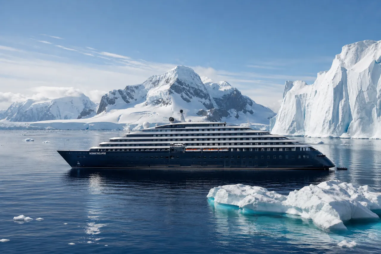 Expeditionsschiff World Navigator vor Gletscherlandschaft in der Arktis, Eisberge im Vordergrund