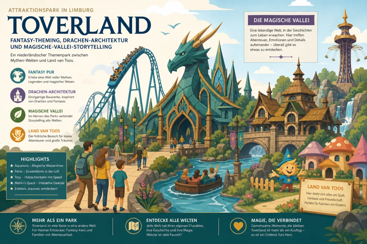Attractiepark Toverland in Limburg: Fantasy-Theming, Drachen-Architektur und Magische-Vallei-Storytelling im niederländischen Themenpark zwischen Mythen-Welten und Land van Toos