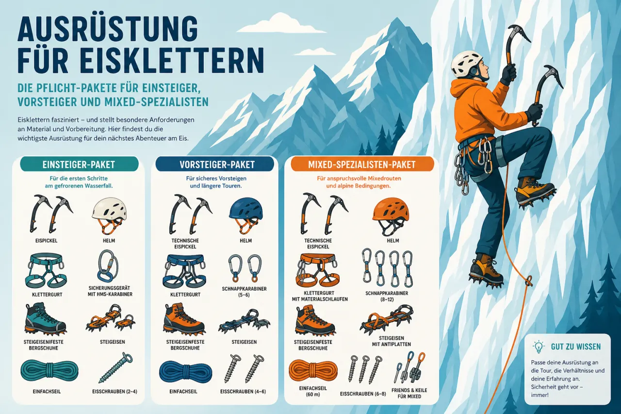Ausruestung fuer Eisklettern: die Pflicht-Pakete fuer Einsteiger, Vorsteiger und Mixed-Spezialisten