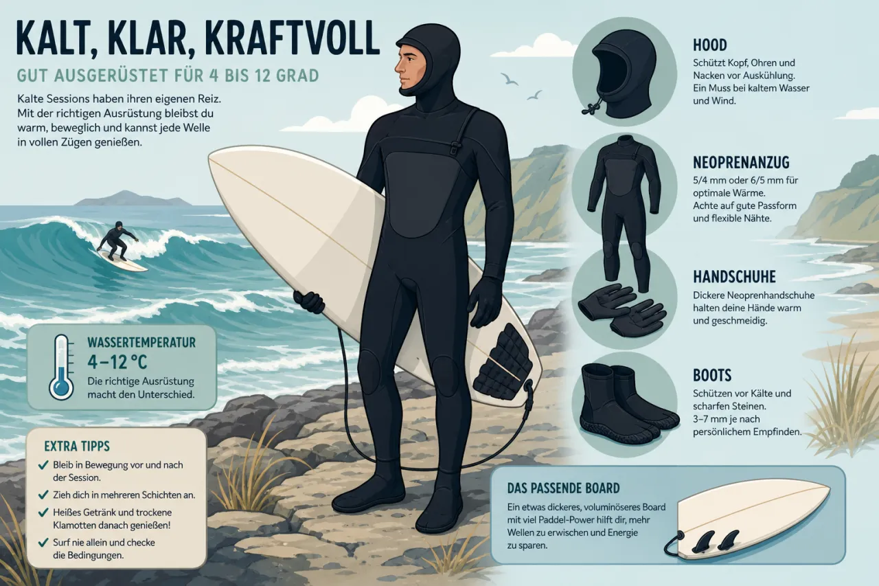 Ausrüstung für Kaltwasser-Surfen: Neopren, Hood, Boots und Board für 4 bis 12 Grad Wassertemperatur