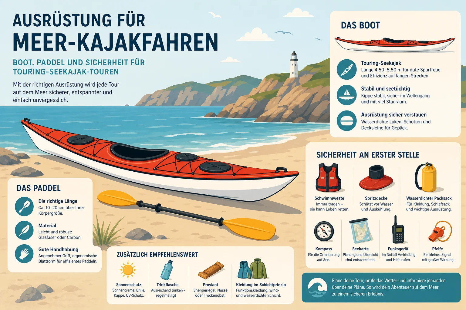 Ausrüstung für Meer-Kajakfahren: Boot, Paddel und Sicherheit für Touring-Seekajak-Touren