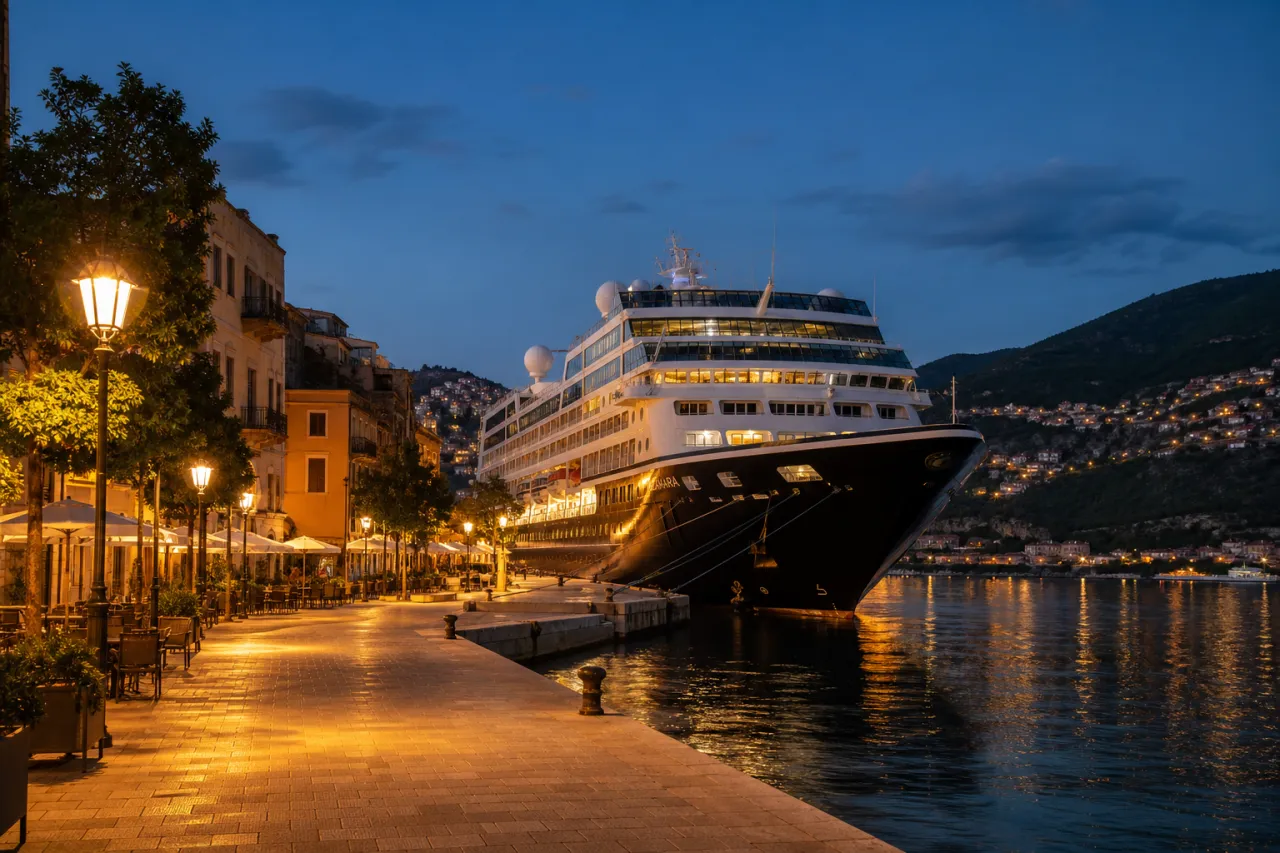 Azamara-Kreuzfahrtschiff im Hafen bei Abendlicht mit Gangway und Uferpromenade