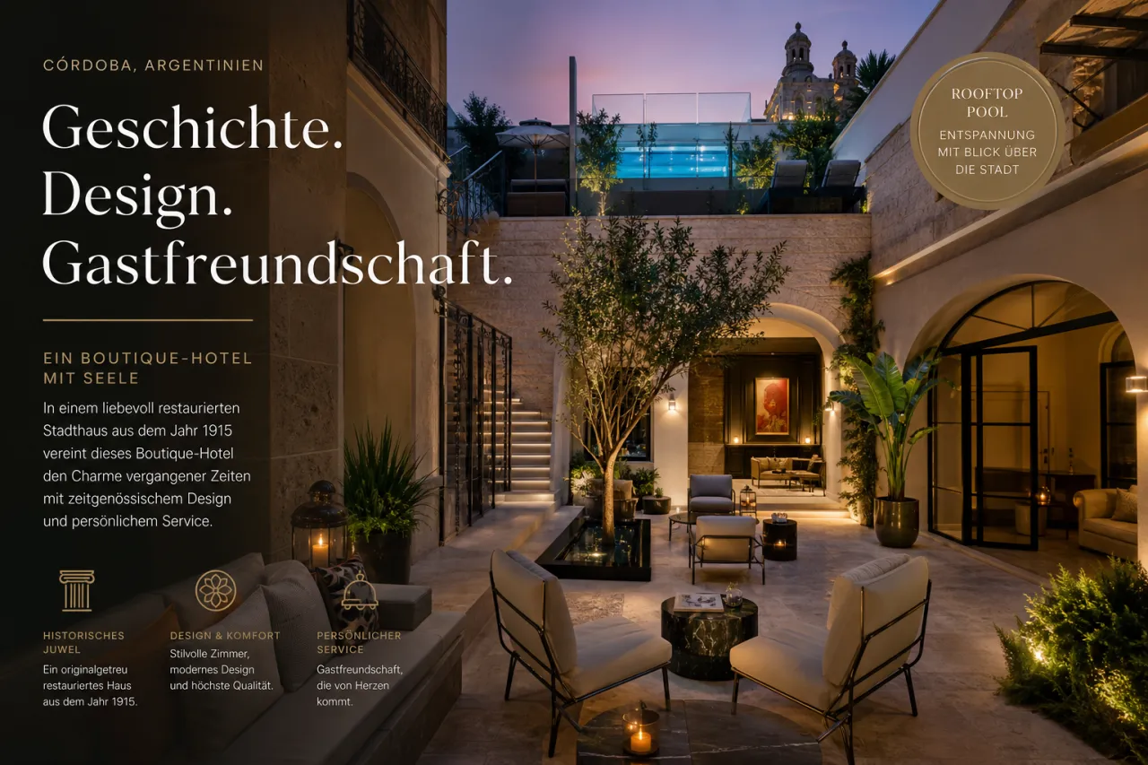 Innenhof des Azur Hotel & Spa in Córdoba, Argentinien – restauriertes Stadthaus aus dem Jahr 1915