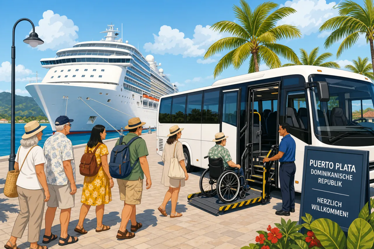 Kreuzfahrtschiff im Hafen von Puerto Plata, Dominikanische Republik, mit Ausflugsteilnehmern am Kai