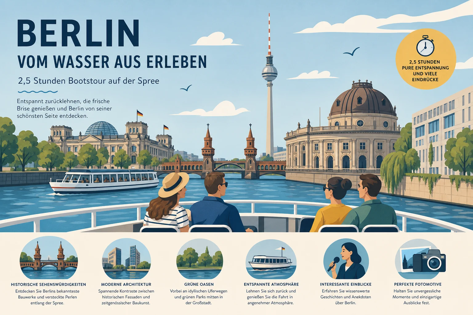 Berlin bei einer 2,5-stündigen Bootstour auf der Spree entdecken