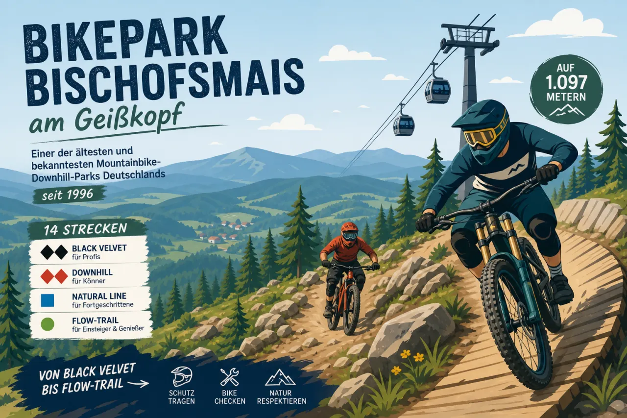 Bikepark Bischofsmais am Geißkopf — einer der ältesten und bekanntesten Mountainbike-Downhill-Parks Deutschlands seit 1996 mit 14 Strecken von Black Velvet bis Flow-Trail auf 1.097 Metern