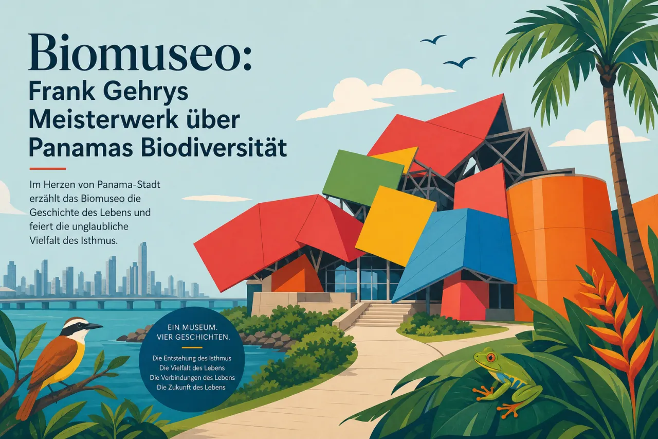 Illustration: Modernes Museum mit farbigen geometrischen Dächern in Rot, Orange, Blau und Gelb, umgeben von tropischen Pflanzen, Vögeln und Wasser, mit Panamastadt-Skyline im Hintergrund.