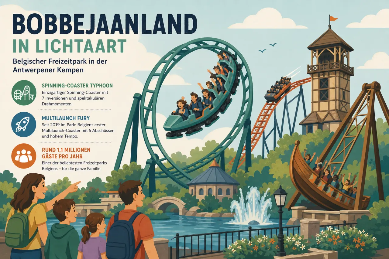 Bobbejaanland in Lichtaart: belgischer Freizeitpark in der Antwerpener Kempen mit Spinning-Coaster Typhoon, Multilaunch Fury aus 2019 und rund 1,1 Millionen Gästen pro Jahr