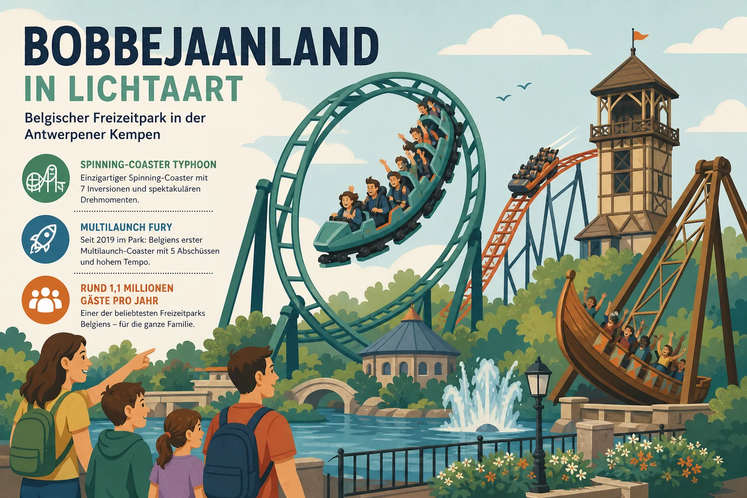 Bobbejaanland in Lichtaart: belgischer Freizeitpark in der Antwerpener Kempen mit Spinning-Coaster Typhoon, Multilaunch Fury aus 2019 und rund 1,1 Millionen Gästen pro Jahr