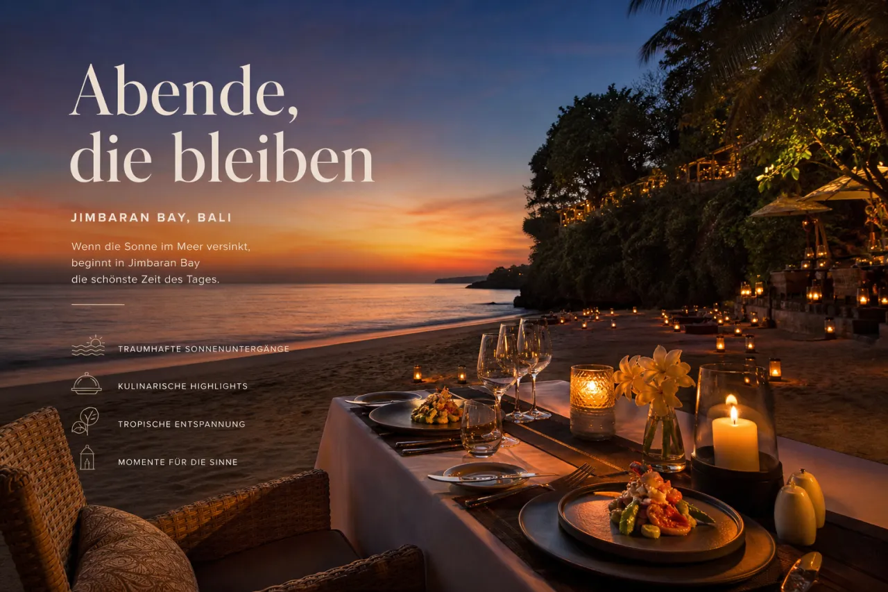 Dinner am Strand von Jimbaran Bay mit Weingläsern und Kerzenlicht im Jimbaran Puri Bali