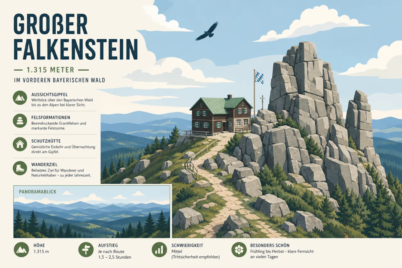 Großer Falkenstein — 1.315 Meter hoher Gipfel im Vorderen Bayerischen Wald mit Felsformationen, Schutzhütte und Panoramablick