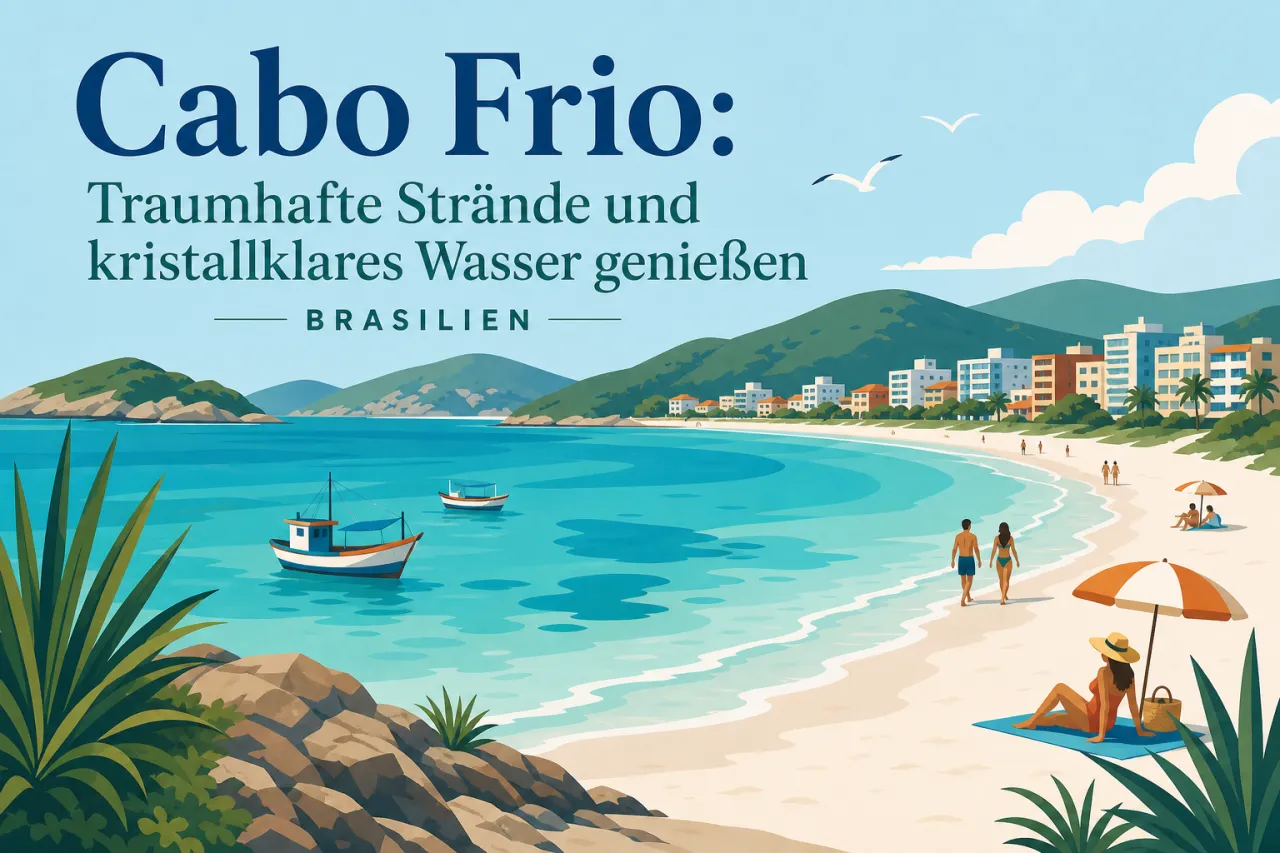 Illustration: Küstenlandschaft von Cabo Frio mit türkisfarbenem Meer, Sandstrand, Badegästen unter Sonnenschirmen, Fischerbooten und bunten Häusern an grünen Hügeln.