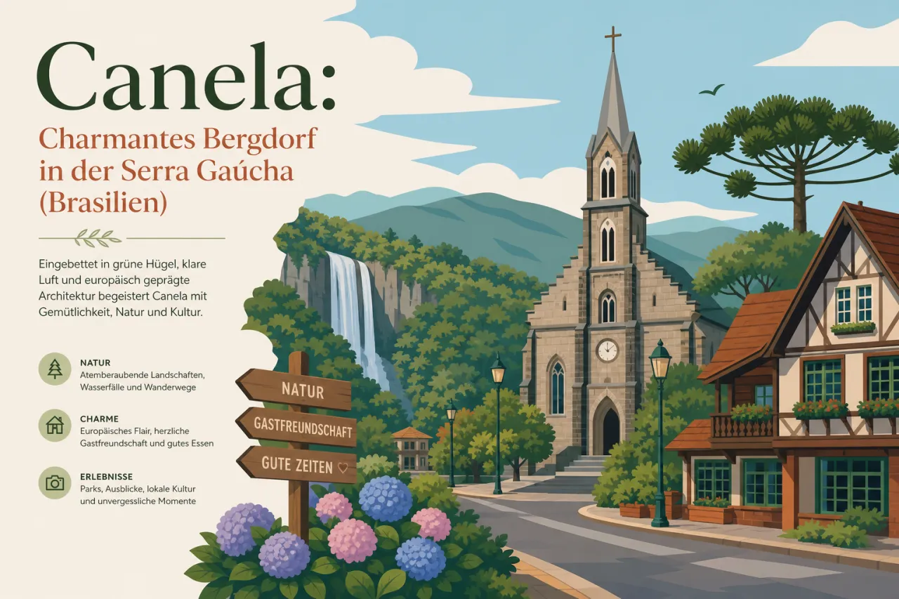 Illustration: Bergdorf mit Kirche, Fachwerkhaus und Wegweiser, umgeben von grünen Hügeln, Wasserfall und bunten Hortensien im Vordergrund.
