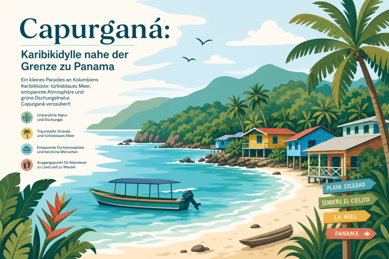Illustration: Karibische Küstenlandschaft mit türkisblauem Meer, bunten Pfahlhäusern, Fischerboot, Palmen und grünen Bergen unter blauem Himmel mit weißen Wolken.