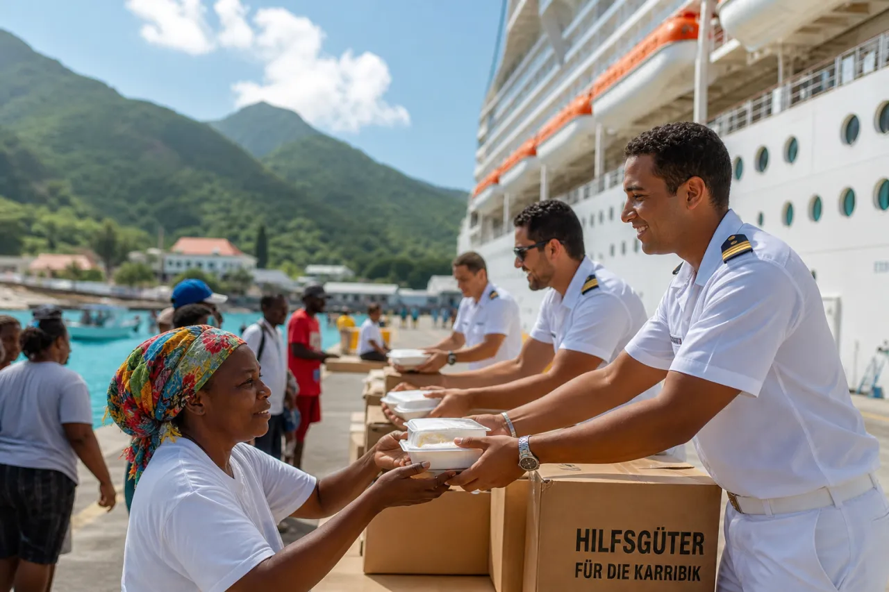 Crew-Mitglieder der Carnival Jubilee übergeben Mahlzeiten-Boxen auf dem Kreuzfahrthafen Roatán, Honduras