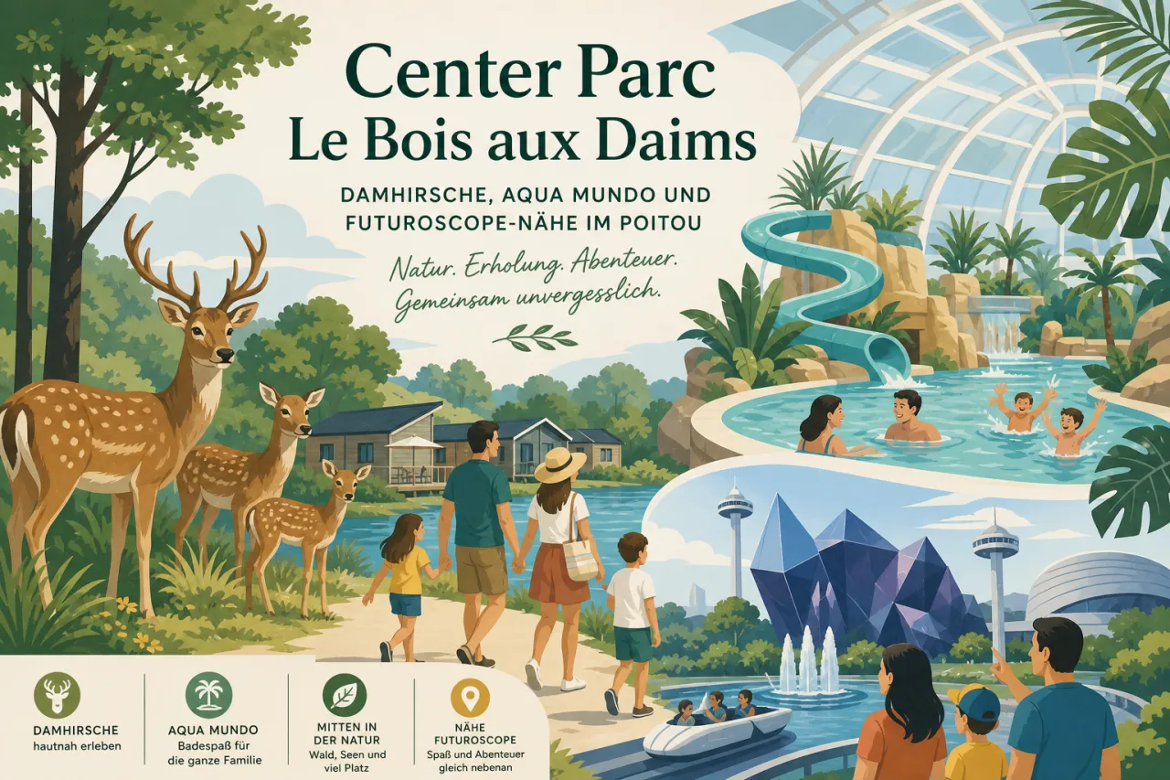 Center Parc Le Bois aux Daims — Damhirsche, Aqua Mundo und Futuroscope-Nähe im Poitou