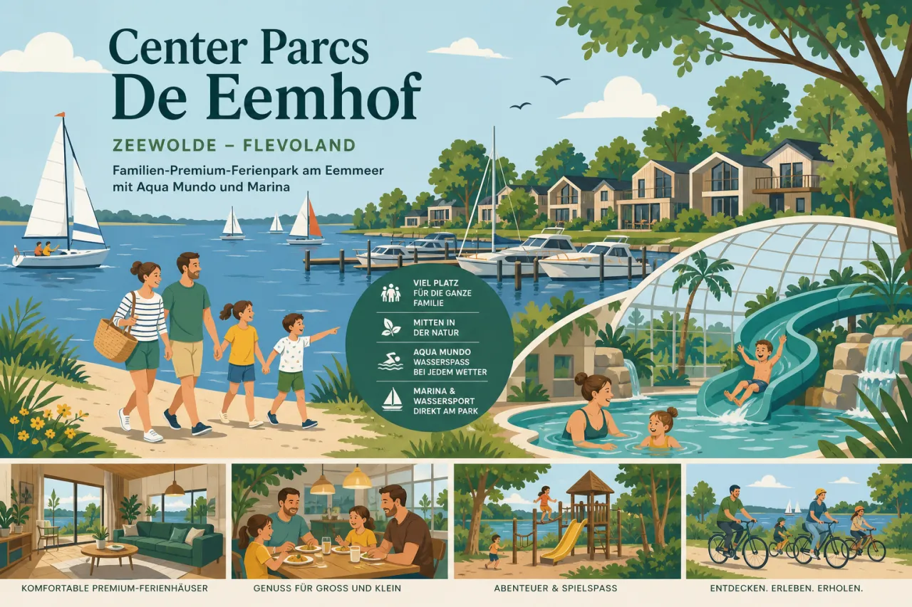 Center Parcs De Eemhof in Zeewolde (Flevoland) — Familien-Premium-Ferienpark am Eemmeer mit Aqua Mundo und Marina