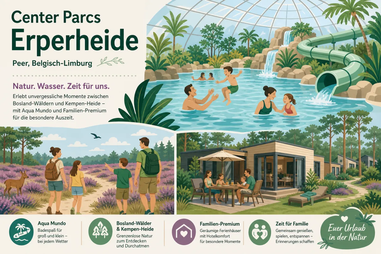 Center Parcs Erperheide in Peer, Belgisch-Limburg — Aqua Mundo, Bosland-Wälder und Familien-Premium an der Kempen-Heide