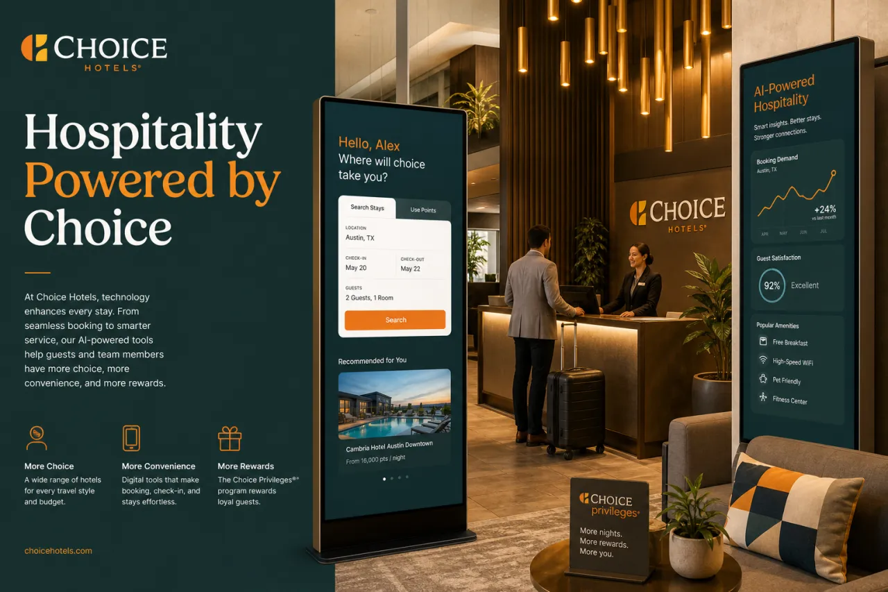 Choice Hotels Lobby mit digitalem Check-in-Terminal und modernem Hoteldesign