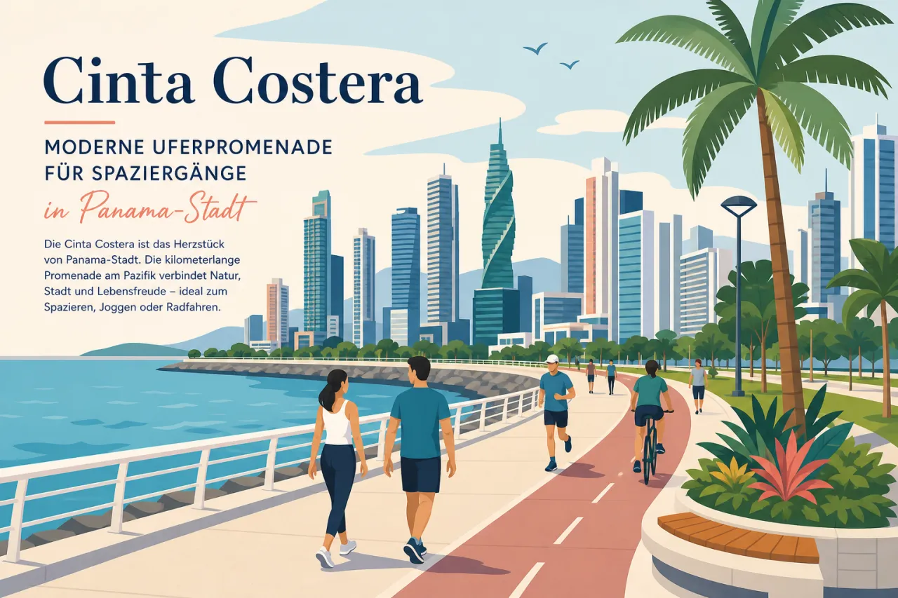 Illustration: Menschen joggen und radfahren auf einer Uferpromenade mit Geländer, Palmen und tropischen Pflanzen, während sich Panamastadts Skyline mit Hochhäusern über dem Meer abzeichnet.