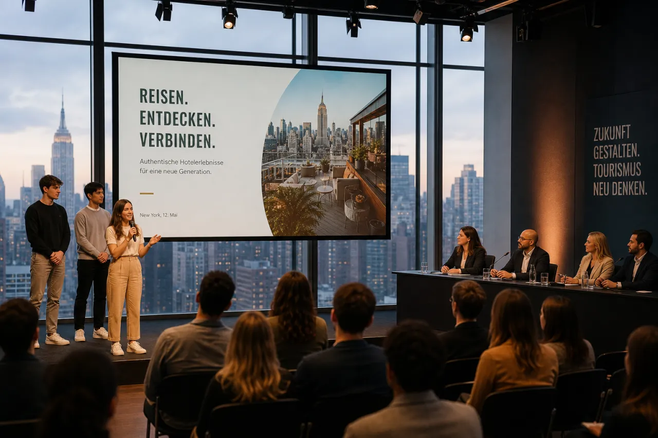 Studierende beim Tourismuspitch im InterContinental New York Times Square vor einer Jury