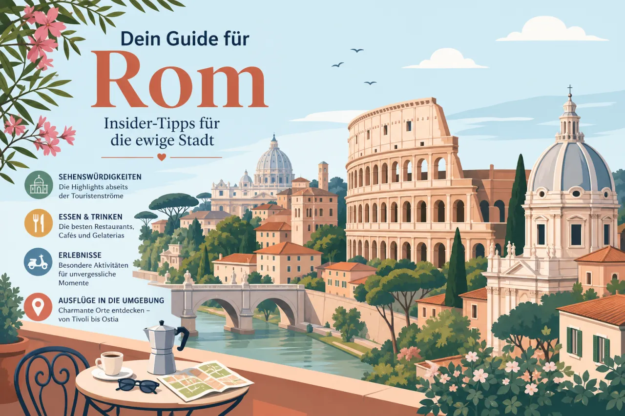 Illustration: Enge römische Altstadt-Gasse mit Palazzo-Fassaden, Terrakotta-Töpfen und Blick auf die Kuppel der Peterskirche unter blauem Himmel.