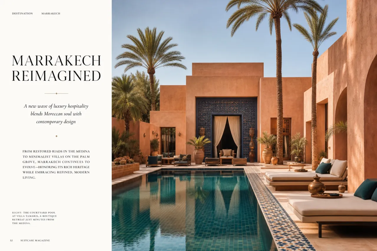 Luxusvilla in Marrakechs Resort-Enklave mit Palmen und Pool, Architektur im marokkanischen Stil