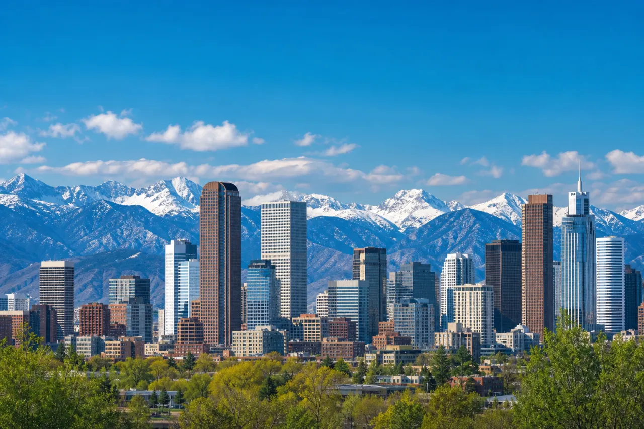 Skyline von Denver mit den Rocky Mountains im Hintergrund, blauer Himmel