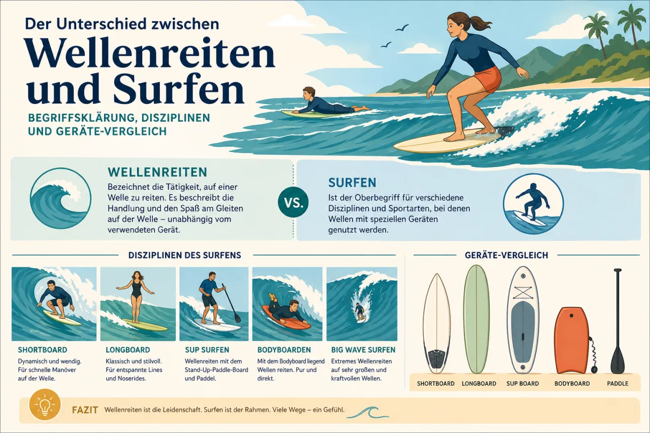 Der Unterschied zwischen Wellenreiten und Surfen: Begriffsklärung, Disziplinen und Geräte-Vergleich