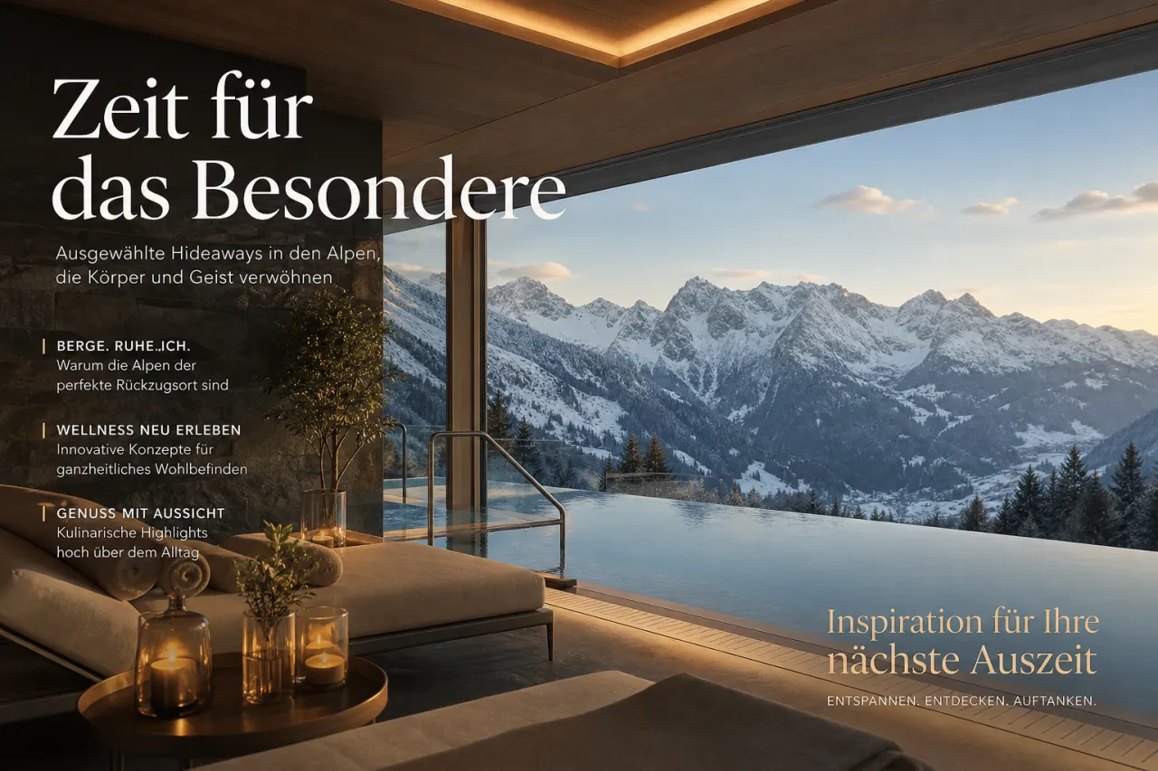 Modernes Spa-Becken in einem Luxus-Alpenhotel mit Blick auf verschneite Bergkette