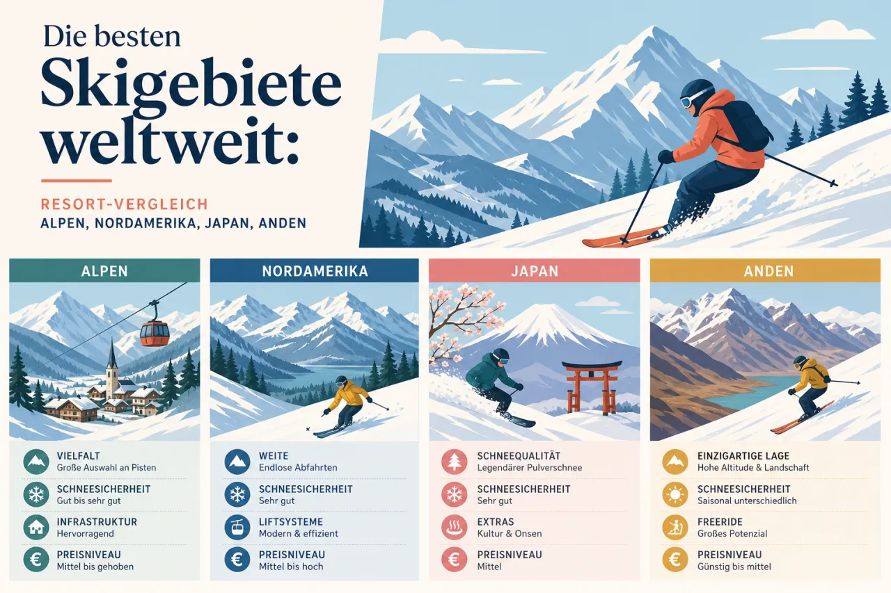 Die besten Skigebiete weltweit: Resort-Vergleich Alpen, Nordamerika, Japan, Anden