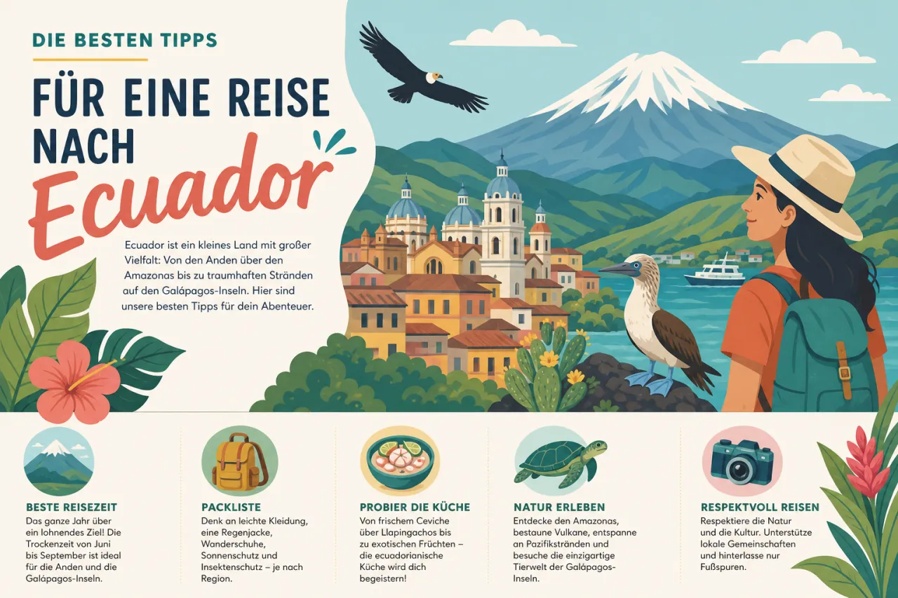 Illustration: Mann mit Strohhut und Rucksack blickt auf ecuadorianische Landschaft mit schneebedecktem Vulkan, Kolonialstadt, Segelboot und Tieren wie Adler und Blaufußtobbe.