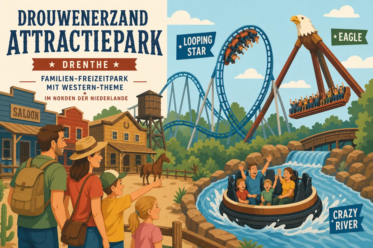 Drouwenerzand Attractiepark in Drenthe: Familien-Freizeitpark mit Western-Theme im Norden der Niederlande mit Looping Star, Eagle und Crazy River