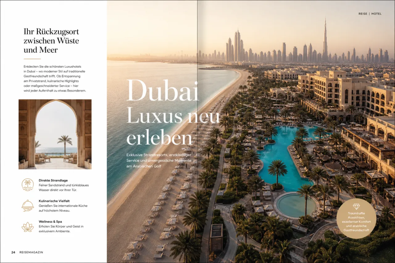 JA Beach Hotel Dubai mit Privatstrand, Palmen und Pool im Sonnenlicht