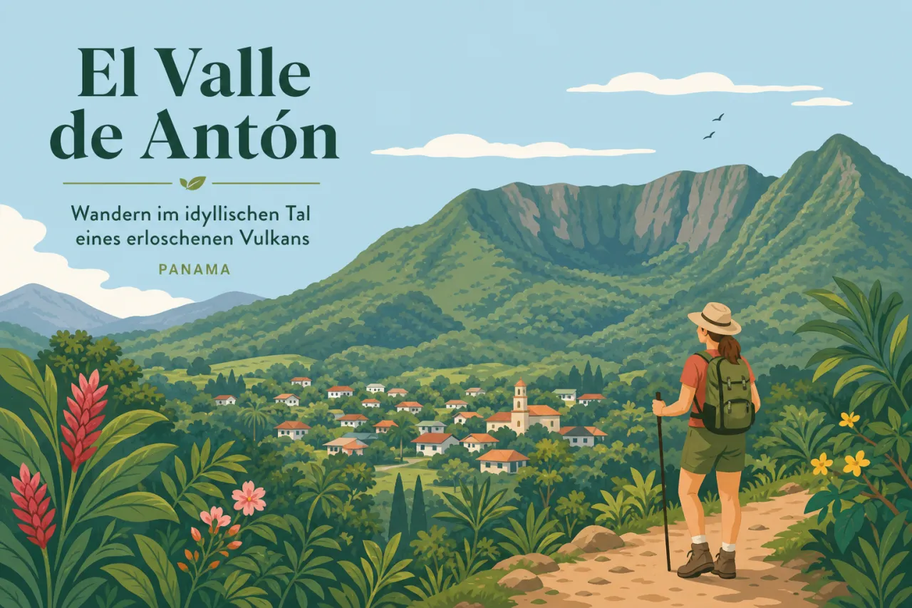 Illustration: Erloschener Vulkankegel mit Felsentreppe, umgeben von grüner Vegetation und Bäumen im Vordergrund, bewölkter Himmel.