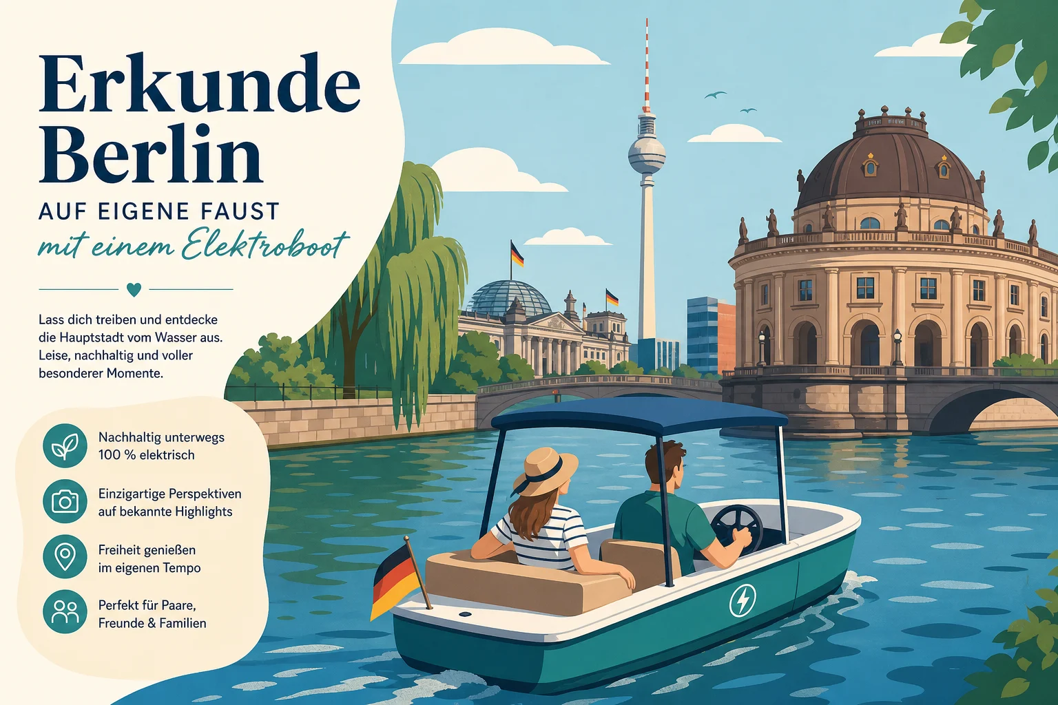 Erkunde Berlin auf eigene Faust mit einem Elektroboot