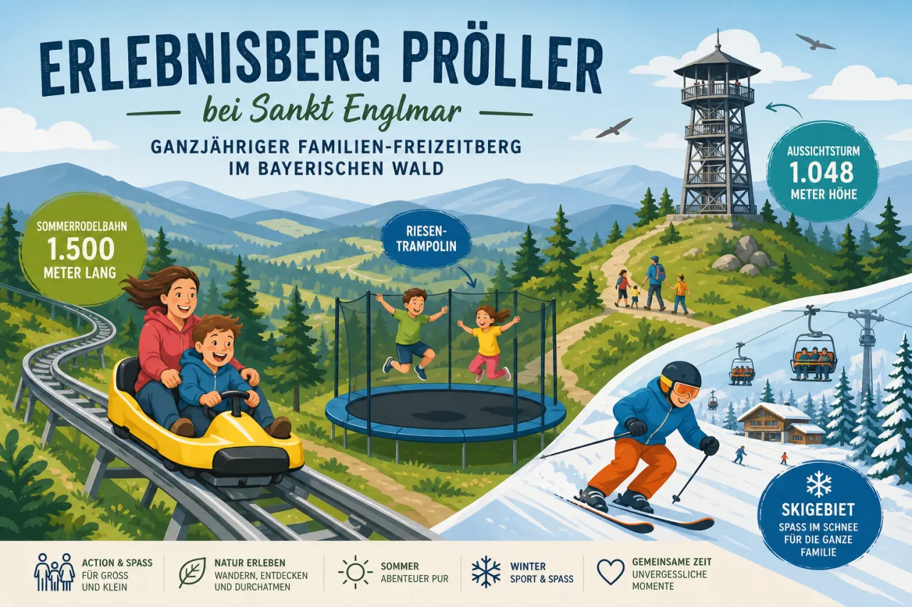 Erlebnisberg Pröller bei Sankt Englmar — ganzjähriger Familien-Freizeitberg im Bayerischen Wald mit 1.500 Meter langer Sommerrodelbahn, Riesen-Trampolin, Skigebiet und Aussichtsturm auf 1.048 Metern Höhe