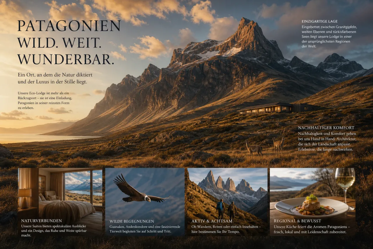 Weite Berglandschaft Patagoniens mit klarem Himmel, typische Landschaft für Explora-Expeditionen