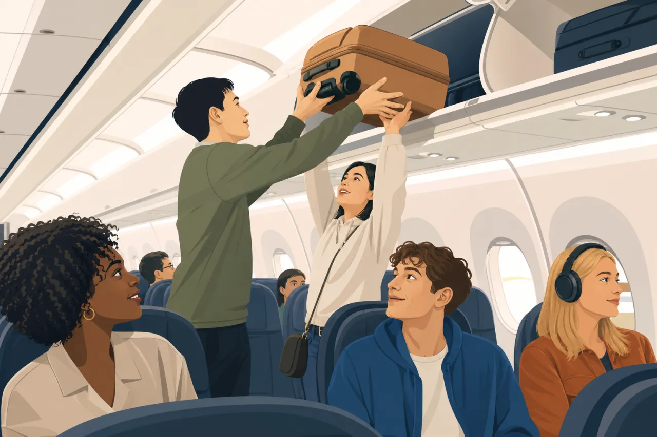 Passagiere im Flugzeug helfen beim Verstauen von Handgepäck in der Gepäckablage
