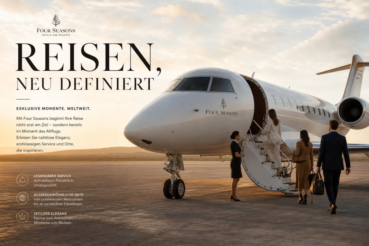 Four Seasons Private Jet Experience – Passagiere besteigen ein weißes Privatjet-Flugzeug auf dem Rollfeld