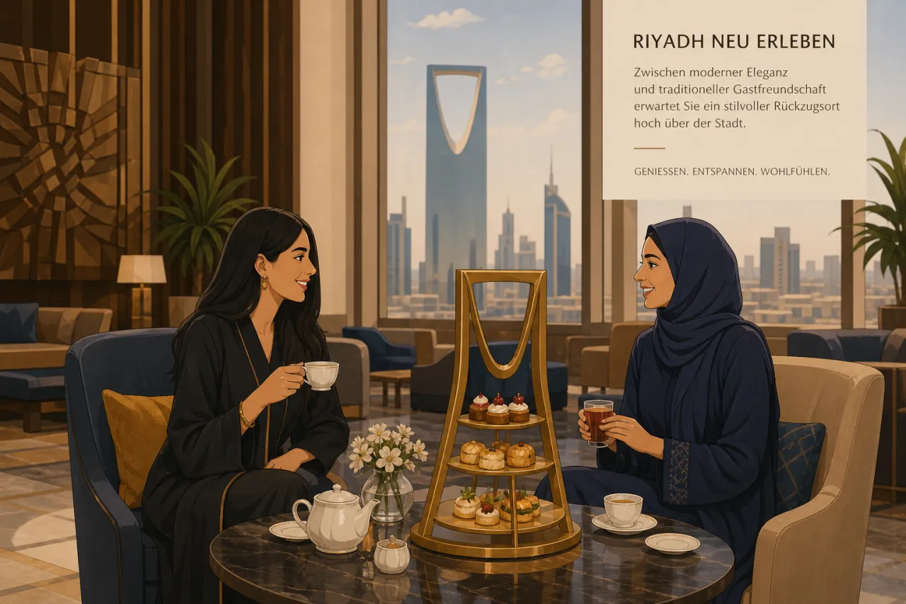 High Tea im Four Seasons Riyadh mit Stand im Kingdom-Centre-Design